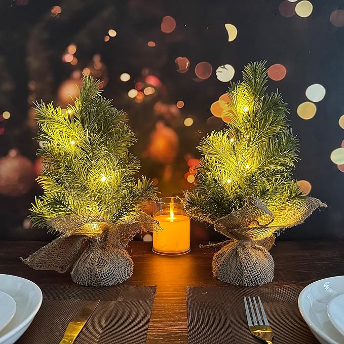 Set of 2 Mini Christmas Tree, 12 in Pre-lit Tabletop Xmas Decorations with 8 Warm LED Lights, Battery Operated with Timer, Burlap Base Artificial Pine Tree for Indoor Desk Office Dorm