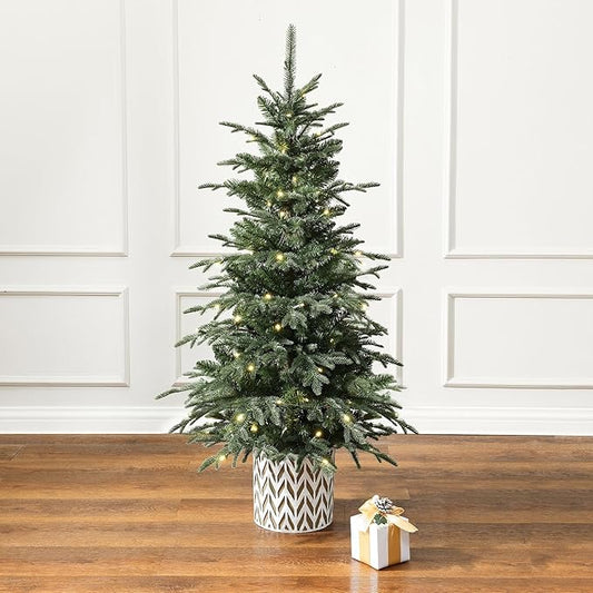 LuxenHome 4.5FT Small Christmas Tree, Prelit Slim Potted Christmas Trees with 100 Warm White LED Lights, Lighted Slender Fir Tree with Planter Pot, Small Faux Holiday Tree for Home Display