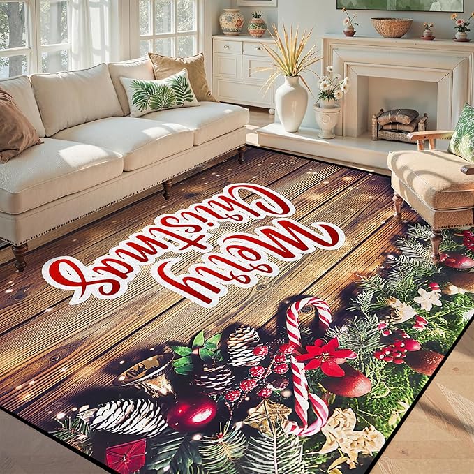 5' X 7' Christmas Rug Wood Grain Rugs, Xmas New Year Door Mat for Bedroom Living Room Kitchen, Merry Christmas Indoor Floor Mats for Holiday Festive Decoration