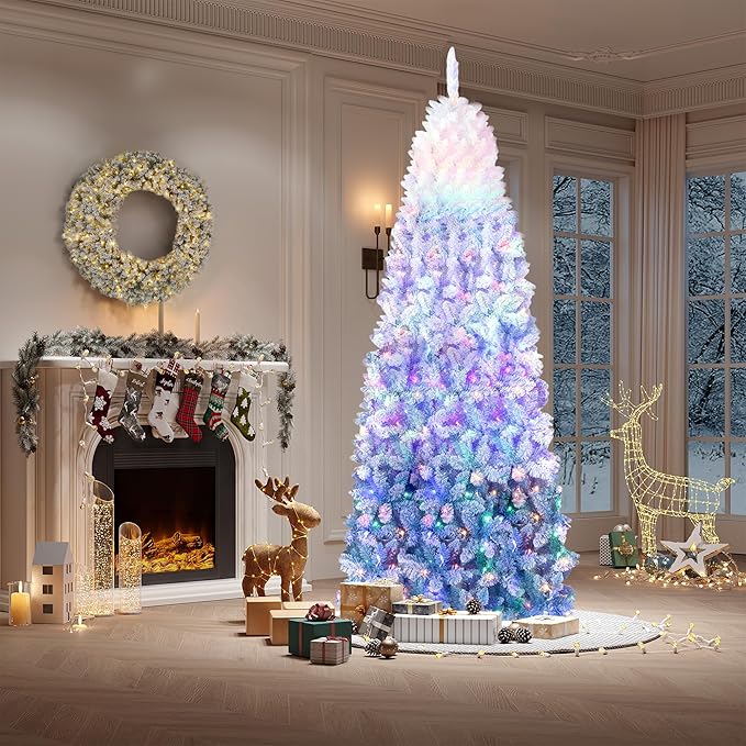 GAOMON 7.5Ft Pencil Christmas Tree Artificial Slim Xmas Trees Skinny Christmas Tree Decorations Fake Flockeds, White & Blue Gradient