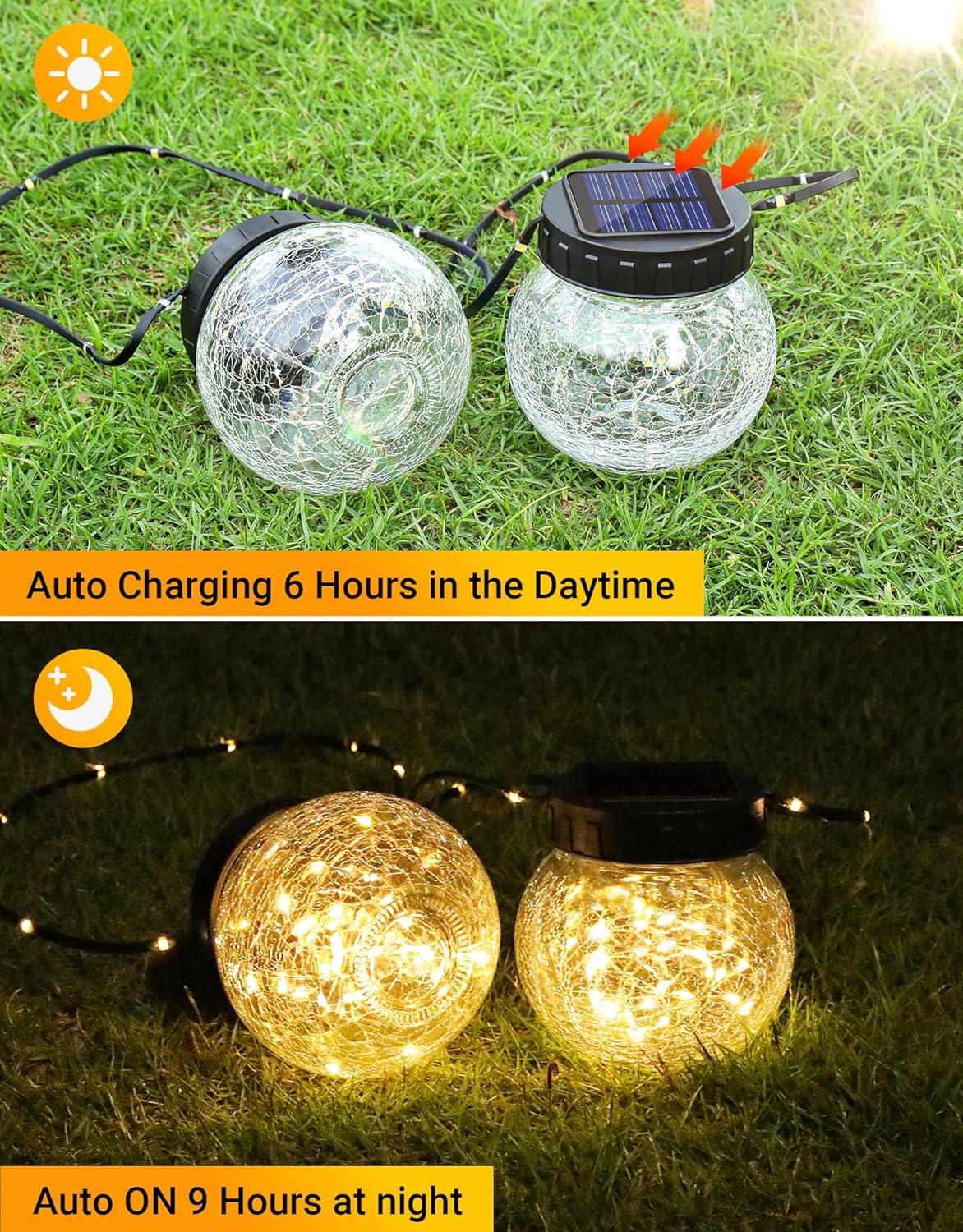 PARTPHONER Solar Lights Outdoor Waterproof 12-Pack, Solar Powered Hanging Lantern Cracked Glass Hanging Globes for Yard Decor Christmas Decoration, Shepherd Hook, Garden Tree Table Ornaments, Warm
