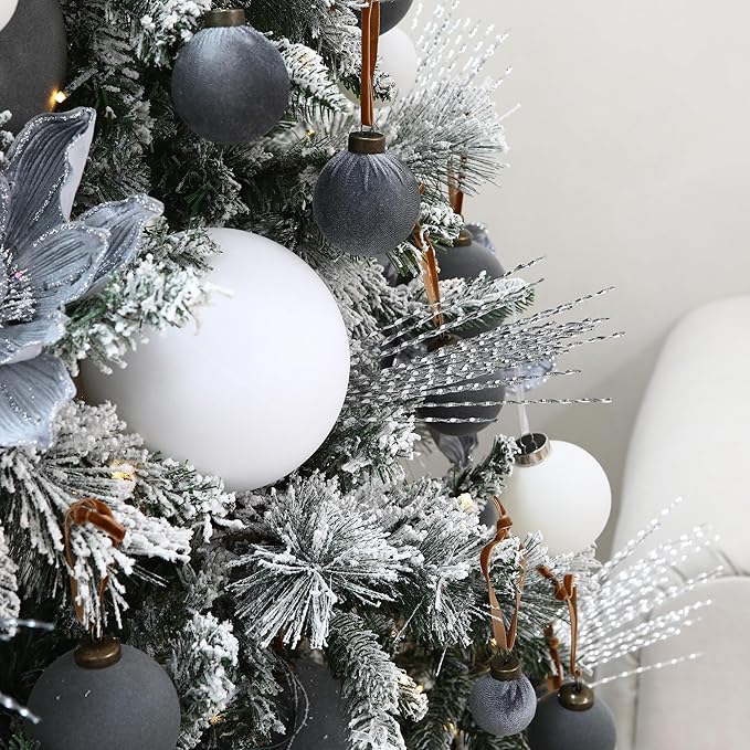 Sea Team 4-Pack Large Flocked Velvet Christmas Tree Ball Ornaments Set, Hanging Velour Baubles, Shatterproof Plastic Decorations for Xmas Tree, Wreath, Garland, 150mm/5.91 Inches, White
