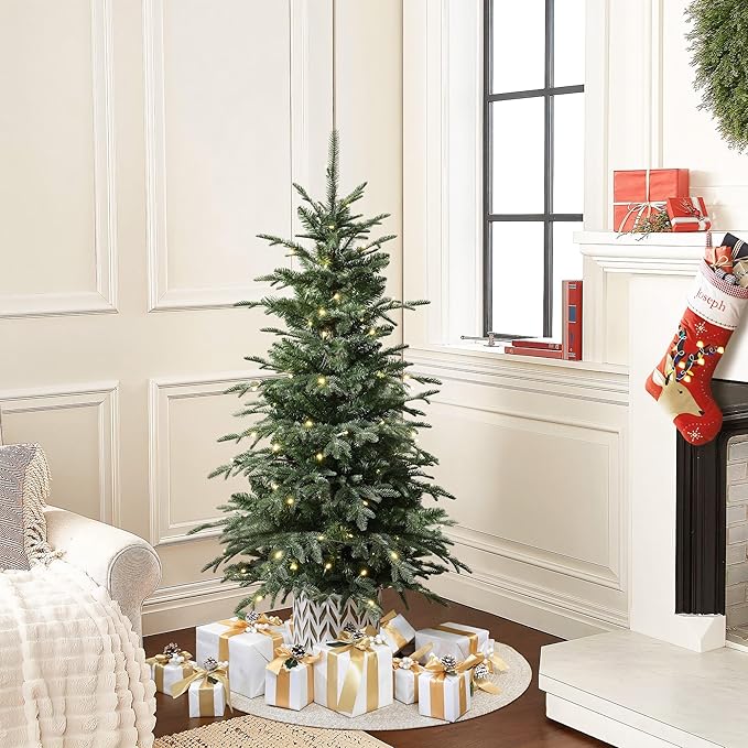 LuxenHome 4.5FT Small Christmas Tree, Prelit Slim Potted Christmas Trees with 100 Warm White LED Lights, Lighted Slender Fir Tree with Planter Pot, Small Faux Holiday Tree for Home Display