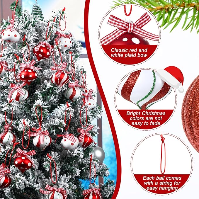 Syhood 24 Pcs Christmas Tree Ornaments, Christmas Ball Decorations Set, Shatterproof Baubles Xmas Tree Hanging Decor, Peppermint Candy Ball Red White Green Stripes Party Holiday(Classic,2.36 Inches)