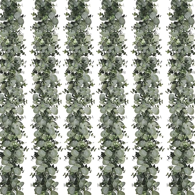 Dolicer 6 Packs 6FT Artificial Eucalyptus Garland, Faux Greenery Garland Hanging Fake Silver Dollar Eucalyptus Leaves Vines for Wedding Backdrop Arch Table Wall Party Home Decor