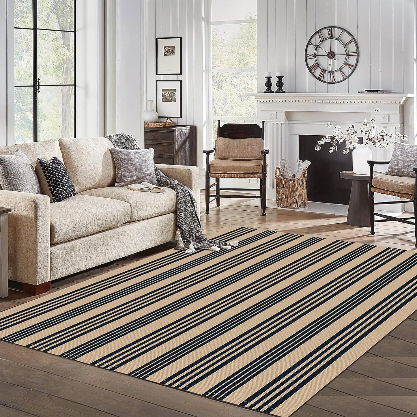 IOHOUZE Black and Tan Striped Rug 5'x7' Indoor Outdoor Rug, Washable Area Rug for Living Room, Large Patio Rug, Cotton Striped Rugs for Patio Living Room Bedroom