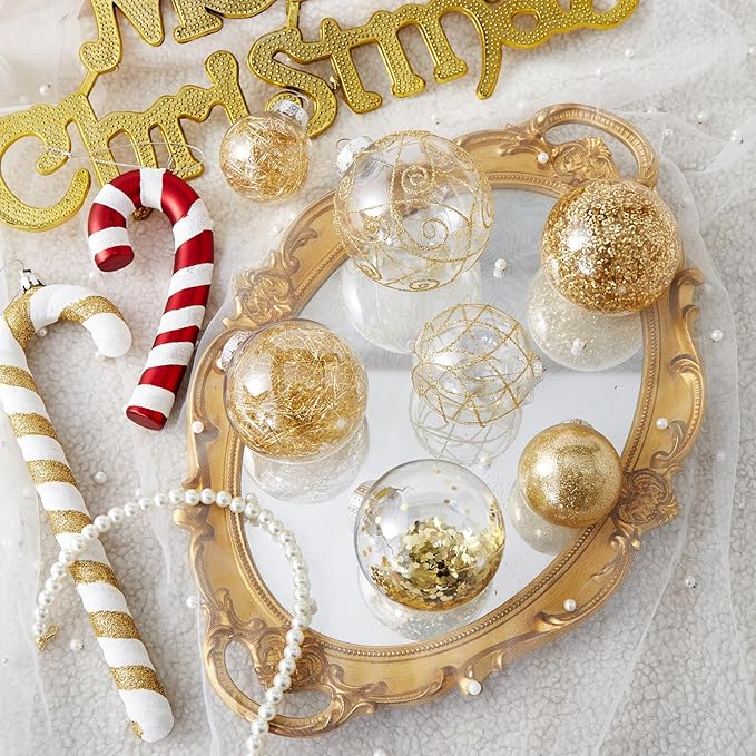 Wironlst Christmas Ball Ornaments Shatterproof Clear Large Plastic Hanging Ball Decorative Baubles Set with Stuffed Delicate Decorations (Multi-Size, Gold)