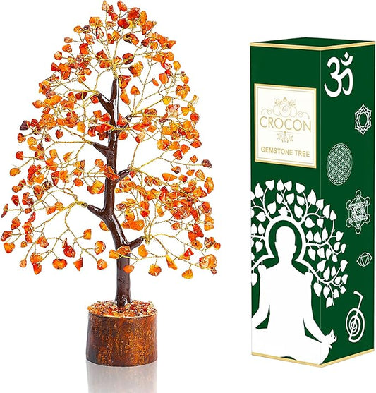 Crocon Carnelian Chakra Tree of Life - Crystal for Positive Energy, Handmade Gemstone Feng Shui Decor, Good Luck Money Tree Bonsai - Orange Healing Crystals for Sacral Chakra, Prosperity Gift