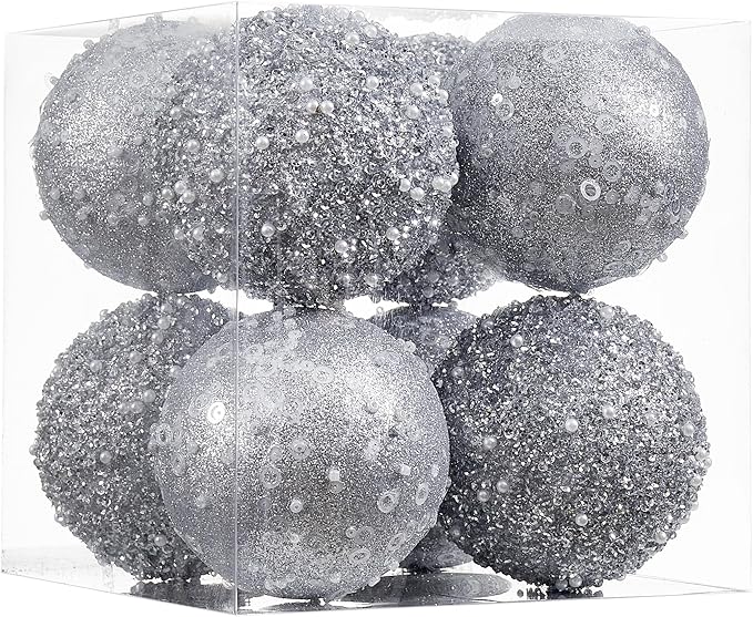 8CT Christmas Ball Ornaments, Silver Christmas Ball Decorations Shatterproof Plastic Hanging Pearl Balls for Holiday Party(90mm/3.54")