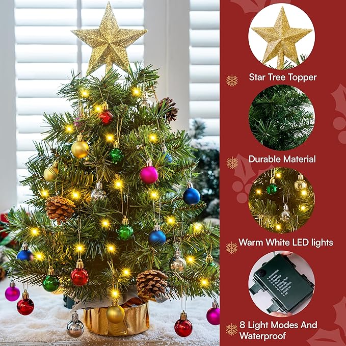 Joiedomi 24"/2FT Tabletop Mini Christmas Tree Pre lit with Warm Lights, Holly Berries, Pine Cones and Ornaments for Indoor Artificial Mini Xmas Tree Holiday Season Decorations (Gold)