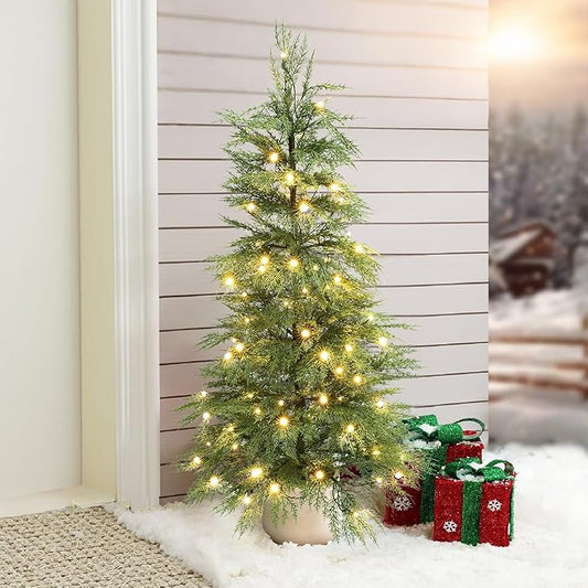 LuxenHome 4.5FT Small Christmas Tree, Potted Slim Artificial Christmas Trees with 100 Warm White LED Lights, Realistic Cedar Prelit Xmas Trees with White Planter Pot for Holiday Display