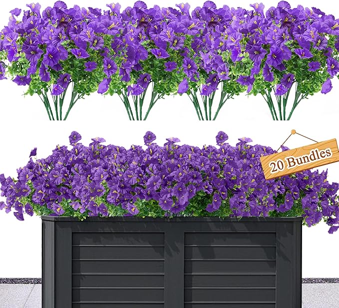 Artificial Flowers for Outdoors Decoration,20 Bundles Fake Morning Glory Petunias for Outside Artificial Faux Plants for Home Porch Patio Balcony Planter Yard Garden Dark Purple Light Purple