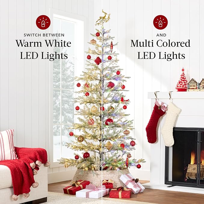 Best Choice Products Pre-Lit Sparse Christmas Tree 7.5ft Artificial Flocked Pine Holiday Décor Aspen Noble Fir White & Multicolor LED Lights- Green