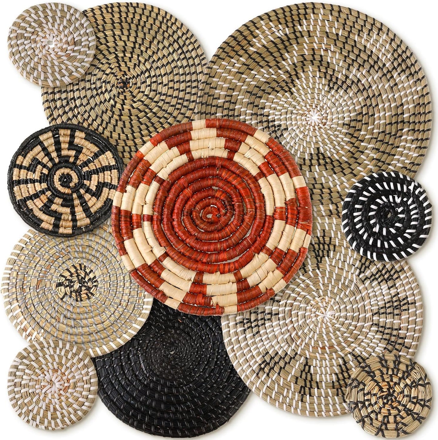 Tatuo 11 Pcs Boho Wall Basket Decor Decorative Bulrush Woven Basket Wall Decor Art Round Farmhouse Hanging Baskets for Kitchen Rustic Home Summer Decorations, Multi Sizes (Dark)