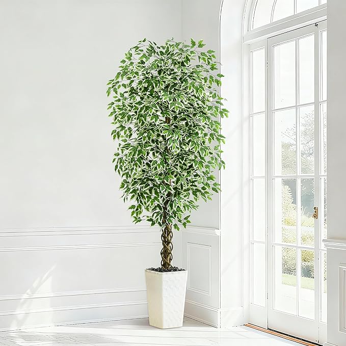 Artificial Ficus Tree Indoor 6FT Fake Plants Large Artificial Plant with Crack White Tall Planter, Green Lifelike Lush Fake Ficus Tree for Home Living Room Bedroom Outdoor Balcony House Office Decor
