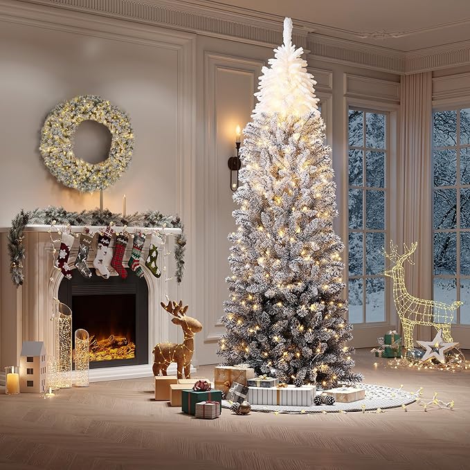 GAOMON 6Ft Prelit Black Christmas Tree with Lights Slim Artificial Halloween Christmas Tree Artificial Pencil Tree Automatic Branches for Home, Office, Party Decoration, White & Black Gradient