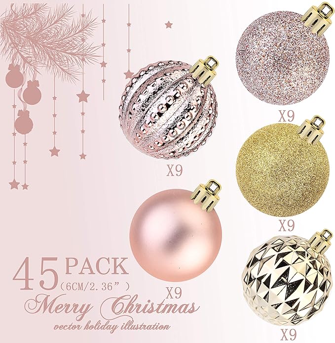 45Pcs 6cm/2.36inch Christmas Balls Glitter Ornaments Set, Shatterproof Plastic Xmas Tree Hanging Ornament, Christmas Decorations Balls for Holiday Festival Wedding House Bar Party(Rosegold/Gold)