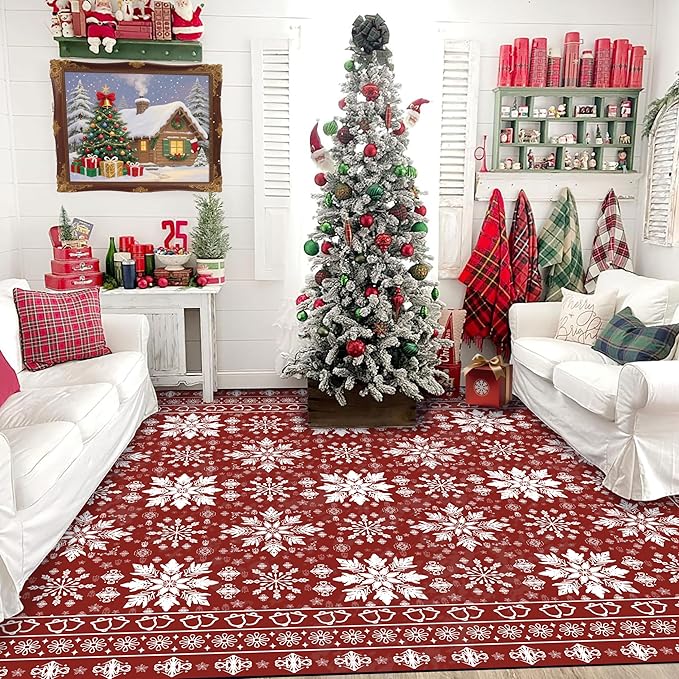 6' X 9' Christmas Rugs Snowflake Area Rug Indoor for Living Room Bedroom Dining Room Dorm Classroom Nursery Red and White Xmas Carpet for Kids Girls Women Floor Mat Pad Winter