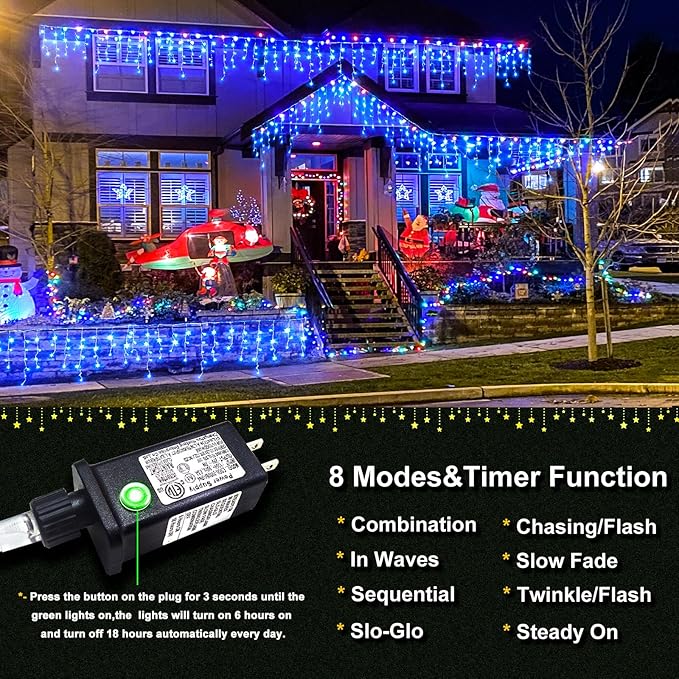 Icicle Christmas Lights Outdoor 99ft 1216 LED Icicle Lights for Outside 8 Modes with 228 Drops, Waterproof Plug in Blue Christmas Light for House Indoor Party Holiday Wedding Halloween Decorations