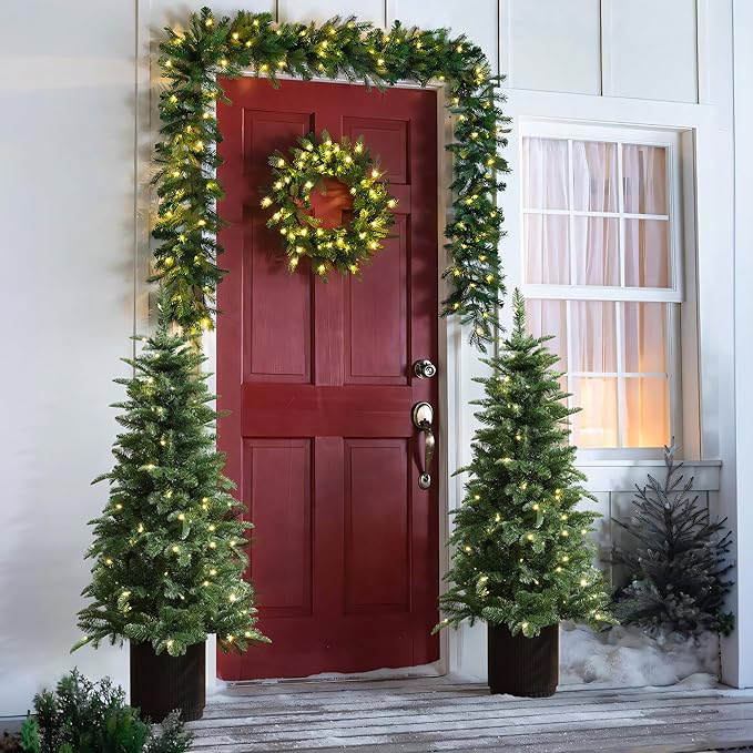 LuxenHome 4.5FT Small Christmas Tree, Prelit Slim Potted Christmas Trees with 100 Warm White LED Lights, Lighted Pine Tree with Fluted Black Pot, Small Faux Holiday Tree for Home Display