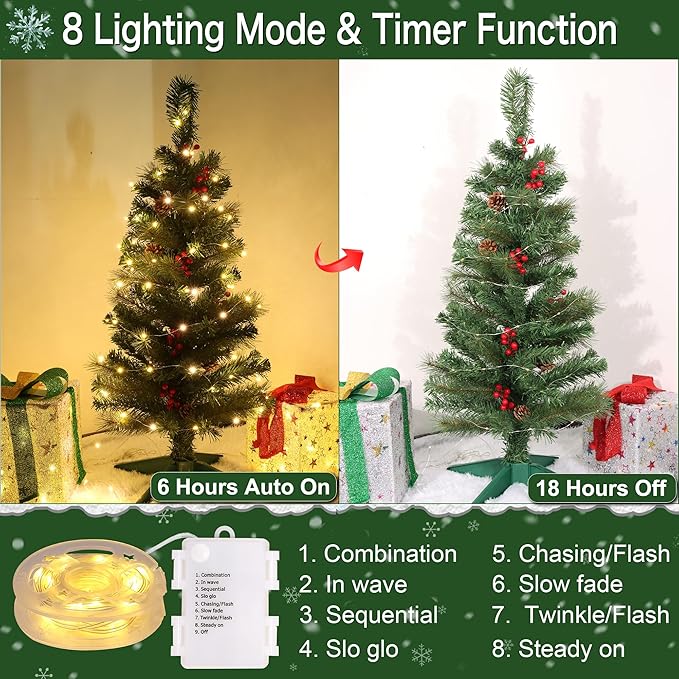 3 Ft Artificial Christmas Tree with Pine Needle Acorn Red Berries 8 Modes Timer 50 Warm White Lights Battery Operated Small Xmas Full Tree for Home Indoor Office Tabletop Holiday Decorations