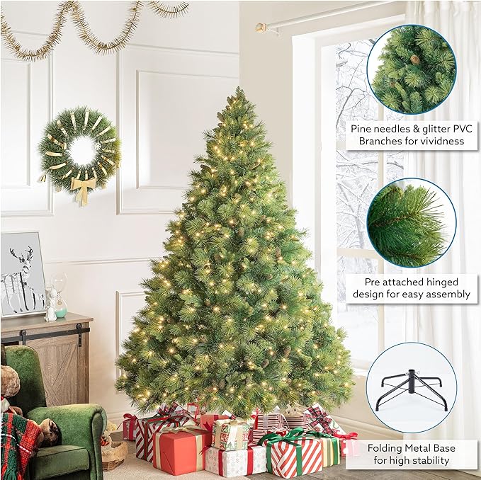 Naomi Home Vail 4.5ft Prelit Artificial Christmas Tree with Pine Cones, Foot Pedal, 561 Branch Tips, 300 Warm Lights and Metal Stand, 38" Wide Realistic Traditional Christmas Tree with Lights