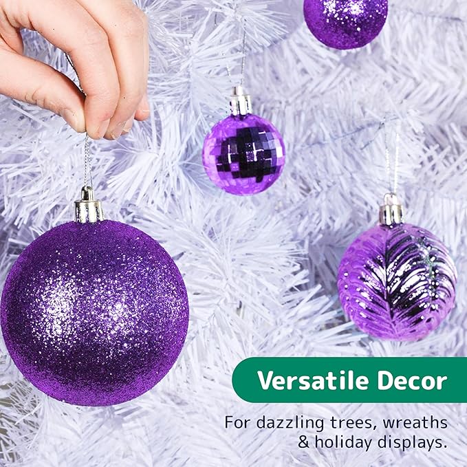 Prextex 36-Pieces Purple Christmas Ornaments Set - Shatterproof, Festive Christmas Ball Ornaments in 3 Sizes and 6 Styles with Hanging Loops for Tree, Wreath, and Dazzling Holiday Party Decorations