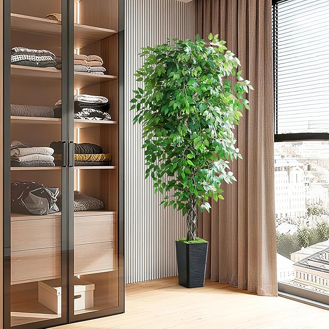 Artificial Ficus Tree 6FT Faux Plants Indoor Tall Fake Plants with Black Square Planter, Green Lifelike Lush Fake Ficus Tree for Home Living Room Bedroom Outdoor Balcony House Office Decor