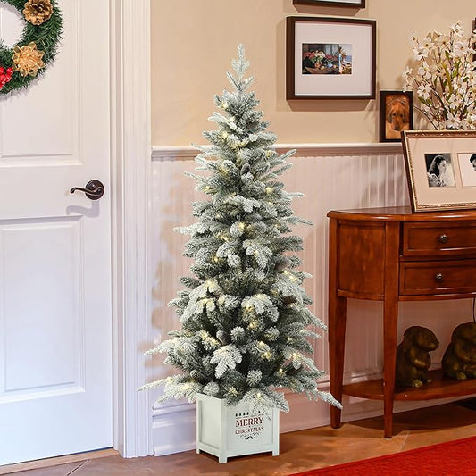 LuxenHome 5FT Potted Flocked Christmas Tree, Small Christmas Tree Prelit with 100 Warm LED Lights and Pine Cones, Lighted Pencil Artificial Christmas Trees with Square Planter Pot for Indoor, Outdoor