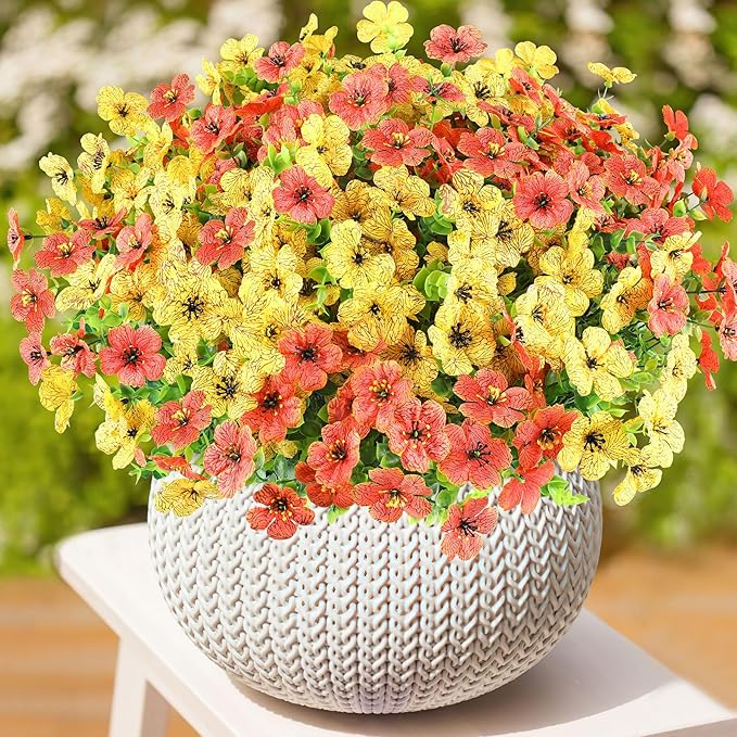 AmyHomie 16 Bundles Artificial Flowers for Outdoor Outside Summer Fall Decoration UV Resistant Faux Flowers No Fade Fake Plastic Plants Garden Porch Window Box Decorating
