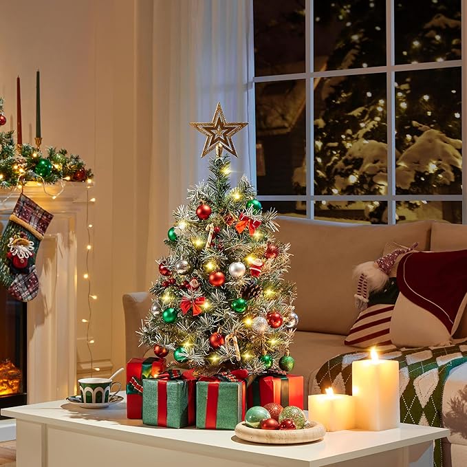 Yaheetech Set of 2 Pre-Lit Artificial Mini Christmas Tree, 2ft Frosted Tabletop Small Christmas Tree with LED Lights, Red Berries & Natural Pinecones for Holiday Decoration