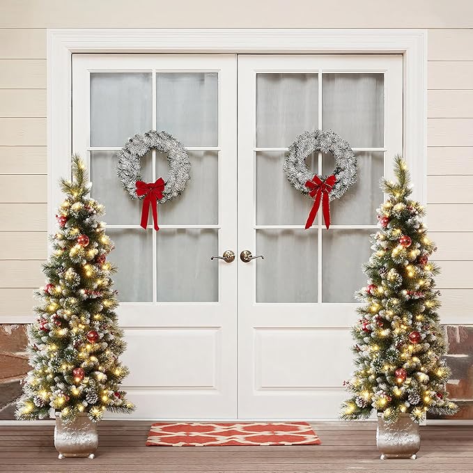 LuxenHome 5FT Potted Christmas Tree with Ornaments, Pre-Decorated Small Flocked Artificial Christmas Trees Prelit with 150 LED Lights, Pencil Xmas Tree with Pot for Indoor, Outdoor