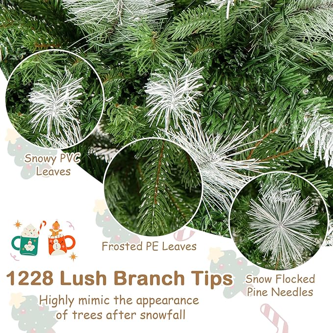 GOFLAME 9 FT Pre-Lit Pencil Christmas Tree Snow Flocked, Slim Artificial Xmas Tree with 1228 Branch Tips, 470 Warm White LED Lights, Holiday Decoration Tree for Home Party Office