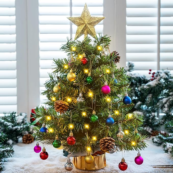 Joiedomi 24"/2FT Tabletop Mini Christmas Tree Pre lit with Warm Lights, Holly Berries, Pine Cones and Ornaments for Indoor Artificial Mini Xmas Tree Holiday Season Decorations (Gold)