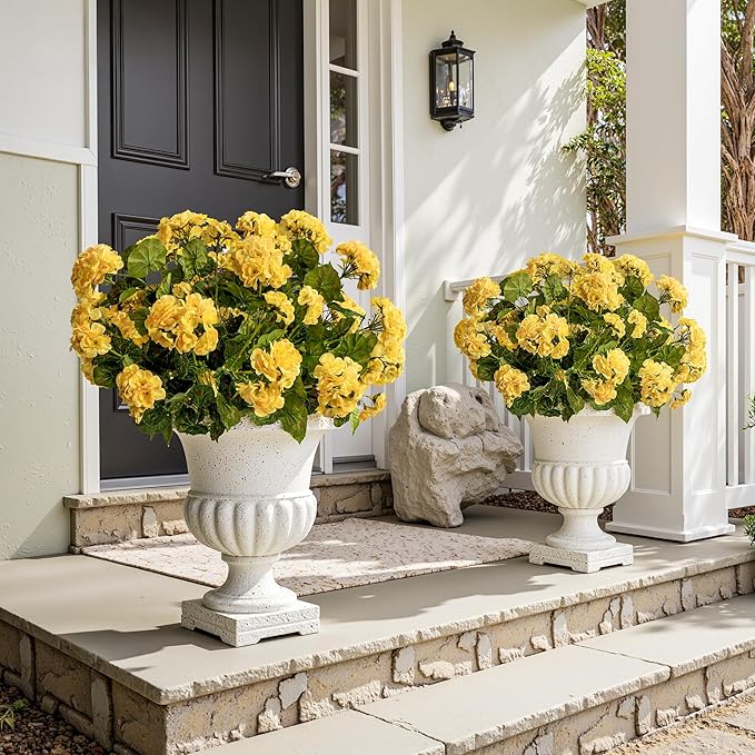 Artificial Geranium Flowers for Outdoors Geraniums Artificial Flowers Realistic Faux Geraniums for Outdoor Planters Silk Geranium Outdoor Fake Flowers Porch Home Kitchen Garden Decor(4PCS，Yellow)
