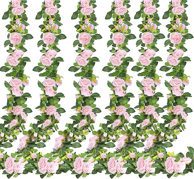 Sggvecsy 6Pcs 46.5Ft Artificial Rose Vine Fake Flower Garland Floral Garland Faux Silk Hanging Vine Rose Ivy Vines for Wedding Arch Party Wall Garden Ceremony Background Outdoor Decor (Pink)