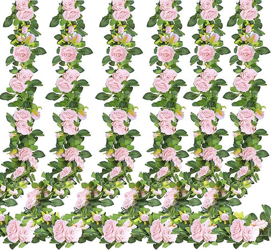 Sggvecsy 6Pcs 46.5Ft Artificial Rose Vine Fake Flower Garland Floral Garland Faux Silk Hanging Vine Rose Ivy Vines for Wedding Arch Party Wall Garden Ceremony Background Outdoor Decor (Pink)