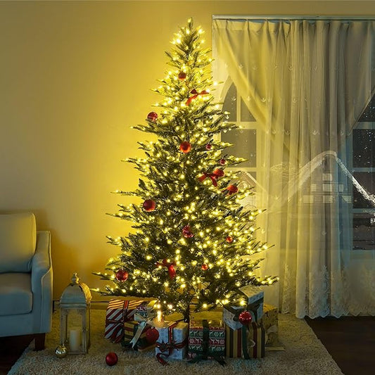 Naomi Home 6.5ft Nordic Christmas Tree with Lights, Realistic Charming Prelit with 921 Branch Tips, 500 Warm Lights and Metal Stand, Aritificial Tree