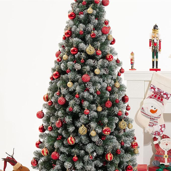 100PCS Christmas Ball Ornaments, Assorted Shatterproof Christmas Tree Decorations, Seasonal Decorative Hanging Baubles Decor Set for Xmas/Holiday/Party, Glitter&Painting Ornament Set (Red Gold)