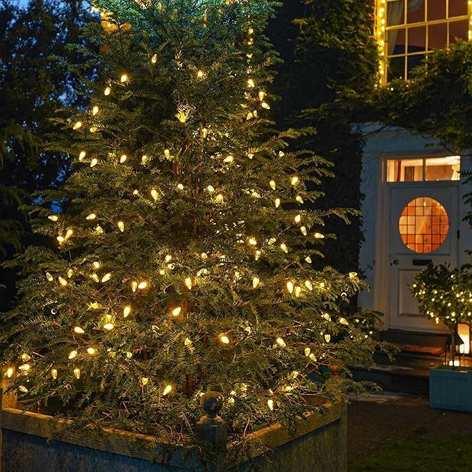 Dazzle Bright C9 Christmas Lights Outdoor, 50 LED 33ft Waterproof Green Wire String Lights, Indoor Outdoor Fairy Lights for Christmas Tree Xmas Yard Party Wedding House Decorations (Warm White)