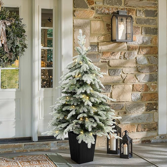 LuxenHome 4.5FT Potted Christmas Tree, Downswept Branches Prelit Small Christmas Tree with 100 LED Lights, Natural Slim Fir Trees Pre-lit with Black Square Pot for Porch, Entryway Holiday Display