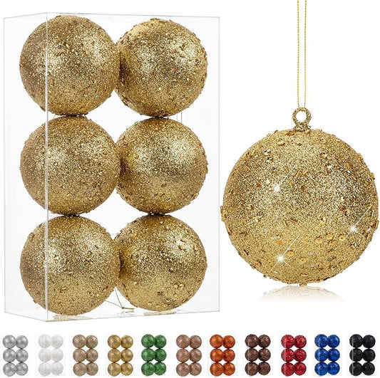 4" Large Christmas Balls Ornaments 6 Pcs Shatterproof Big Gold Christmas Ornaments for Tree Bulk Glitter Big Xmas Tree Ornament for Halloween Holiday Party Decoration