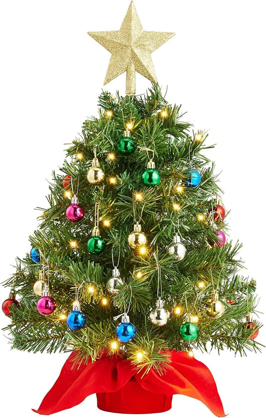Joiedomi 24"/2FT Mini Christmas Tree Tabletop Set with Clear LED Lights, Artificial Mini Christmas Tree with Star Treetop and Hanging Ornaments, Best DIY Xmas Decorations