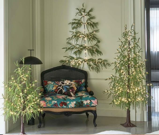 Hairui Lighted Norfolk Pine Wall Tree with Timer 4FT 140 Warm White LED Fairy Lights, Vine Garland with Lights for Home Fireplace Room Window Christmas Decoration Indoor Outdoor