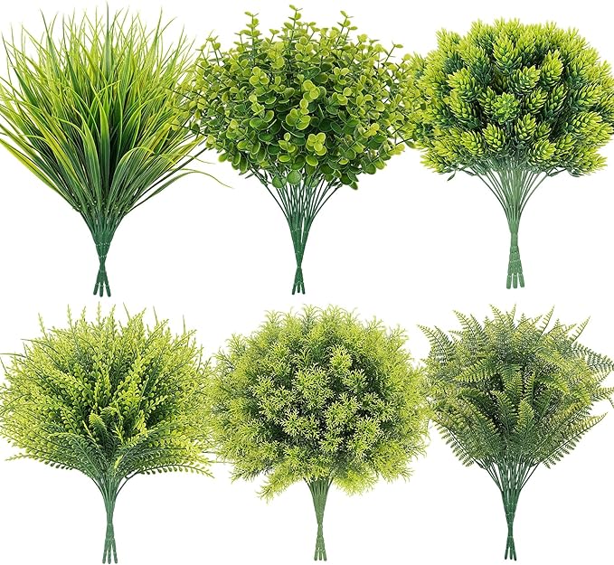 ilauke 6 Pack Artificial Greenery Stems Outdoor UV Resistant, Faux Plants for Home Decor Indoor Outside, Assorted Eucalyptus Decor & More for Vases