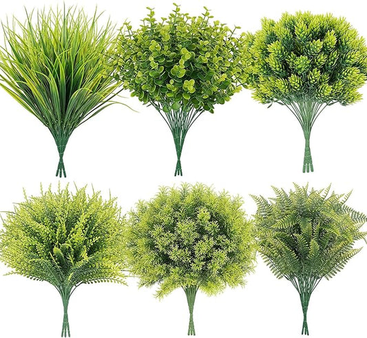 ilauke 6 Pack Artificial Greenery Stems Outdoor UV Resistant, Faux Plants for Home Decor Indoor Outside, Assorted Eucalyptus Decor & More for Vases