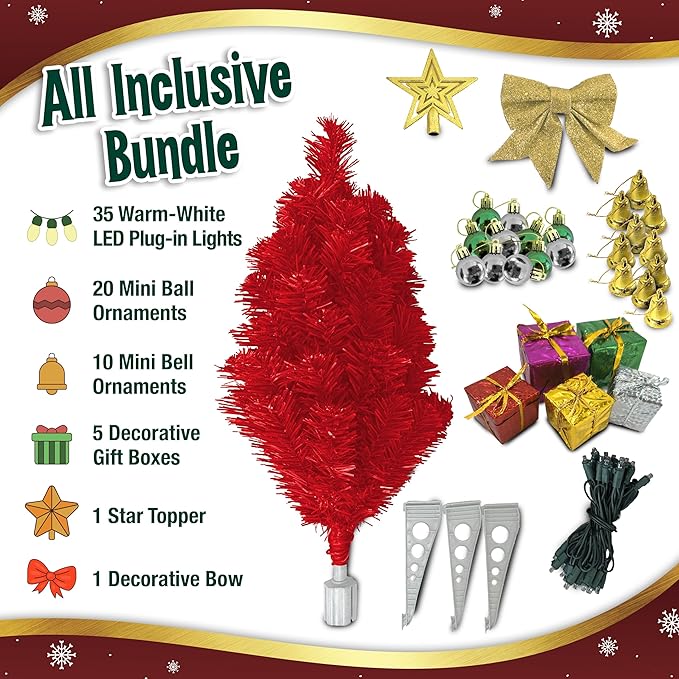 Small Red Christmas Tree with Lights - 23 Inch Mini Tabletop Christmas Tree with Warm-White LED Lights, Hanging Ornaments, Decorative Bow and Gift Boxes - Table Tree for DIY Christmas Decoration