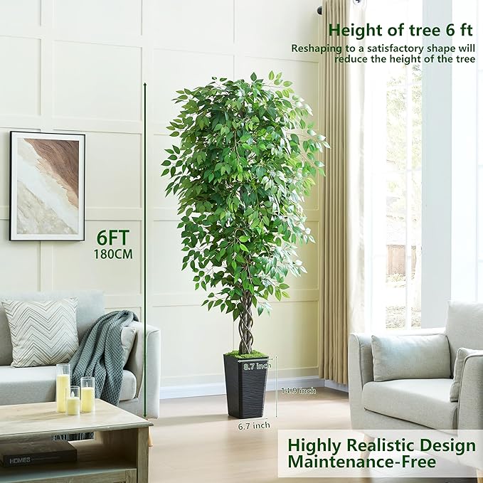 Artificial Ficus Tree 6FT Faux Plants Indoor Tall Fake Plants with Black Square Planter, Green Lifelike Lush Fake Ficus Tree for Home Living Room Bedroom Outdoor Balcony House Office Decor