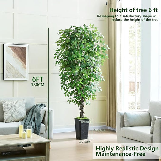 Artificial Ficus Tree 6FT Faux Plants Indoor Tall Fake Plants with Black Square Planter, Green Lifelike Lush Fake Ficus Tree for Home Living Room Bedroom Outdoor Balcony House Office Decor