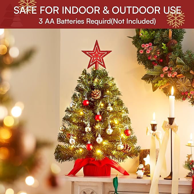 Joiedomi 24 Inch/2FT Tabletop Mini Christmas Prelit Decoration, Artificial Mini Xmas Pine Tree with Prelit LED String Lights and Ornaments Decor, Christmas New Year Decoration Tree Decor